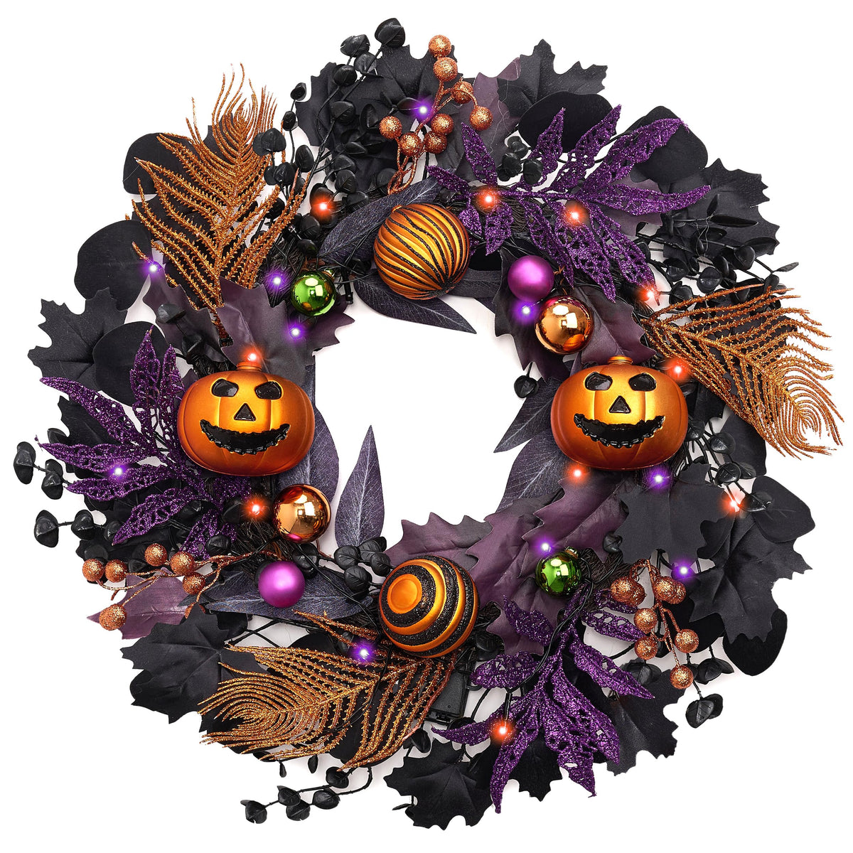Valery Madelyn Halloween Wreath for Front Door with Lights, 18 Inch Pre-Lit Jack-o'-Lantern Pumpkin Wreath Halloween Decorations for Home Porch Table Centerpiece Window Indoor Party Holiday Wall Decor