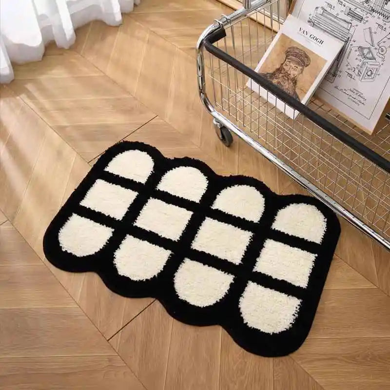 VIKAMA Ins Style Black and White Simple Short Plush Floor Mat Entry Door Wear Dirt-resistant Foot Mat Bathroom Entrance Carpet